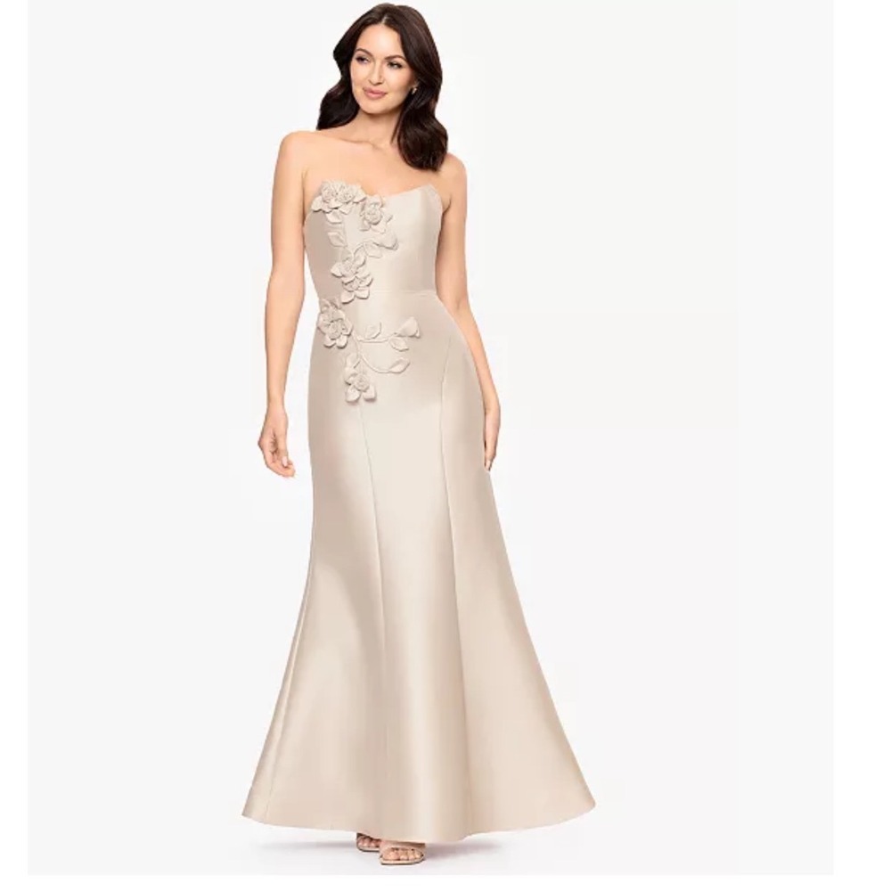 Betsy & Adam Champagne Satin 3D Floral Applique Mermaid Gown Dress 10 NEW
